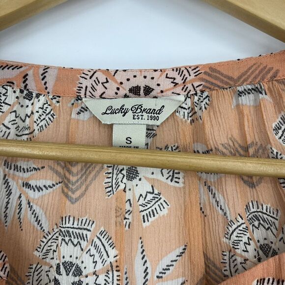 Lucky Brand Top Size Small Women Coral Silk Riviera Floral Print Peasant Sheer - Picture 4 of 8